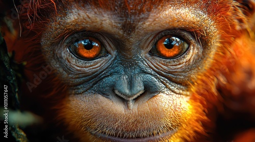 A close-up view of an orangutan's face showcasing its expressive eyes and vibrant orange fur in a natural habitat during daylight