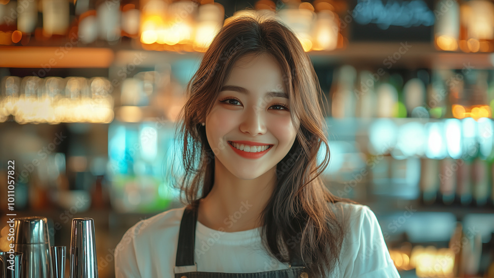 Asian Woman Bartender - bartender, woman, smile, bar, cafe, beverage, apron, drink, cheerful, hospitality, service, work, friendly, welcoming, customer service, casual Asian Woman Bartender - bartender, woman, smile, bar, cafe, beverage, apron, drink, cheerful, hospitality, service, work, friendly, welcoming, customer service, casual