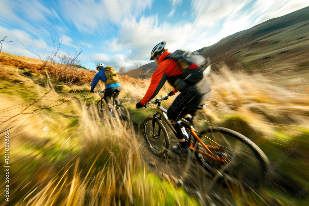 Mountain bikers on rugged trail, navigating through vibrant grasslands under dynamic sky. scene captures thrill and adventure of outdoor cycling Mountain bikers on rugged trail, navigating through vibrant grasslands under dynamic sky. scene captures thrill and adventure of outdoor cycling