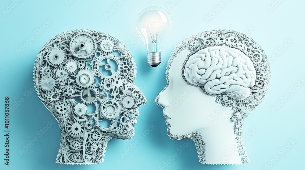 Human heads made of gears and cogs with a light bulb and brain outline against a blue background Human heads made of gears and cogs with a light bulb and brain outline against a blue background