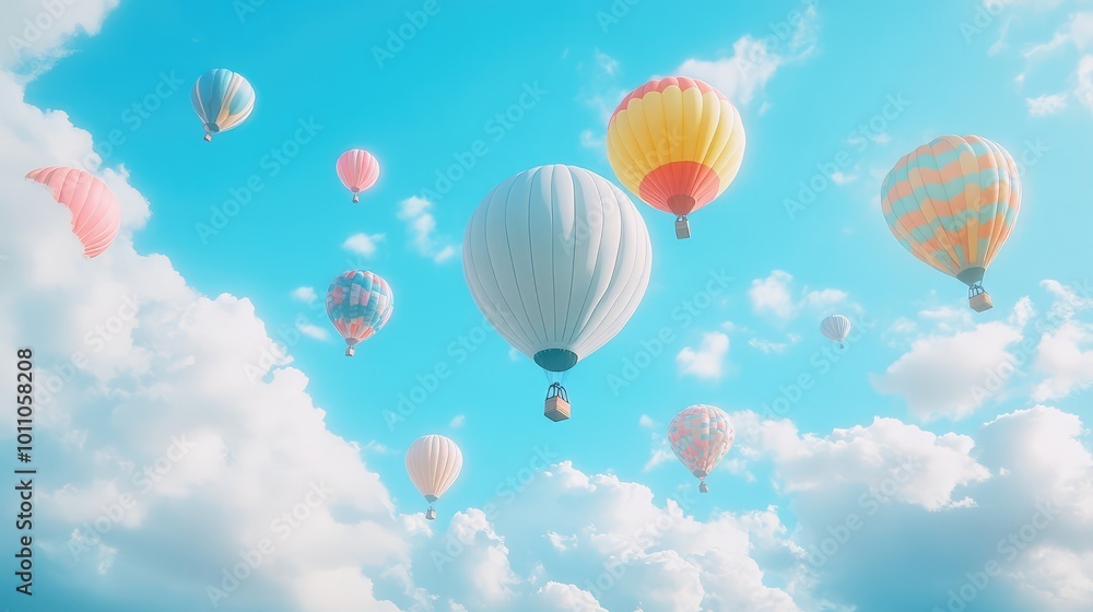 Obraz premium A whimsical hot air balloon festival with colorful balloons floating against a bright blue sky, surrounded by fluffy clouds.