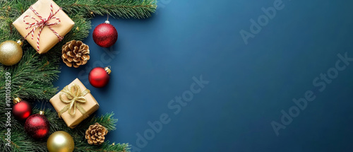 Horizontal banner web poster, header for website. Christmas New Year background with gift boxes. Festive Xmas composition with gifts