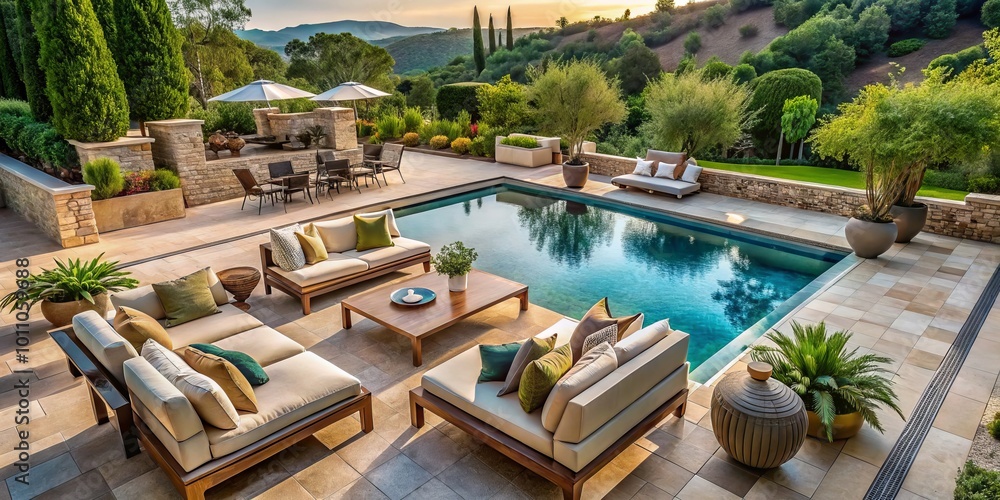 Fototapeta premium Breathtaking outdoor pool surrounded by sophisticated furniture, perfect for relaxation and leisure in an opulent