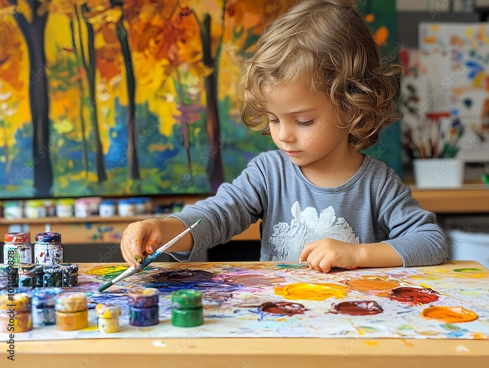Fototapeta premium Young Child Concentrating on Painting with Bright Colors in a Creative Art Studio, Encouraging Imagination and Artistic Skills Development 