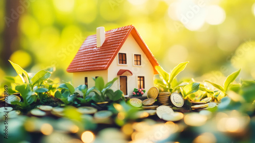 Wallpaper Mural Miniature house model surrounded by coins and plants representing real estate investment value Torontodigital.ca