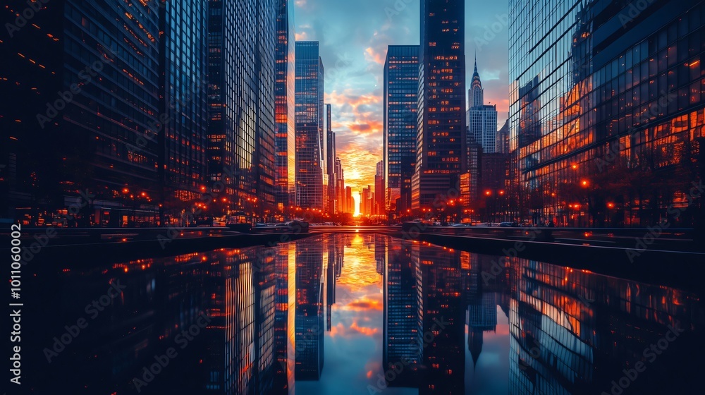 Modern city skyline reflecting in water at sunset Modern city skyline reflecting in water at sunset