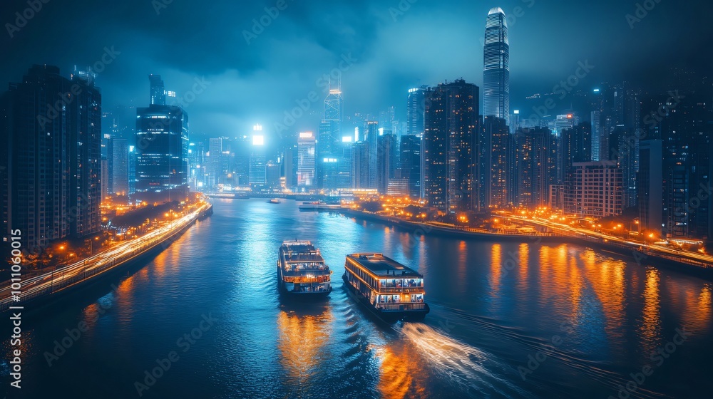 Fototapeta premium Two boats cruising in victoria harbour with hong kong skyline at night