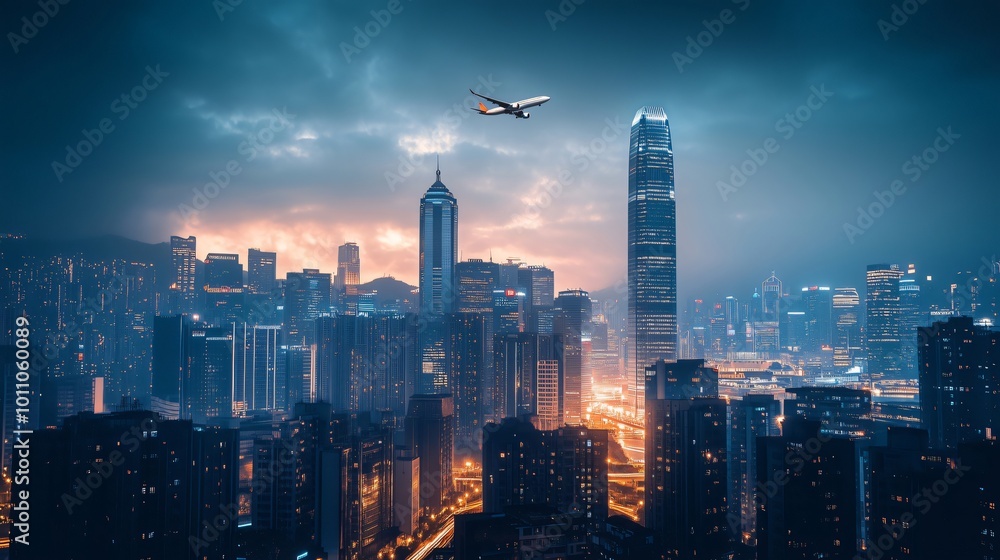 Fototapeta premium Airplane flying over hong kong skyline at dusk