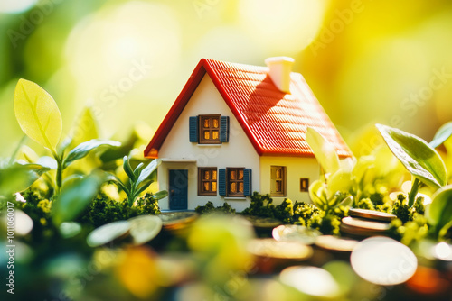 Wallpaper Mural A miniature house model surrounded by coins and plants in warm outdoor lighting Torontodigital.ca