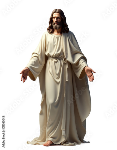  A detailed image of Jesus Christ with outstretched arms on a transparent background. Ideal for religious designs, faith-based projects, and spiritual themes.