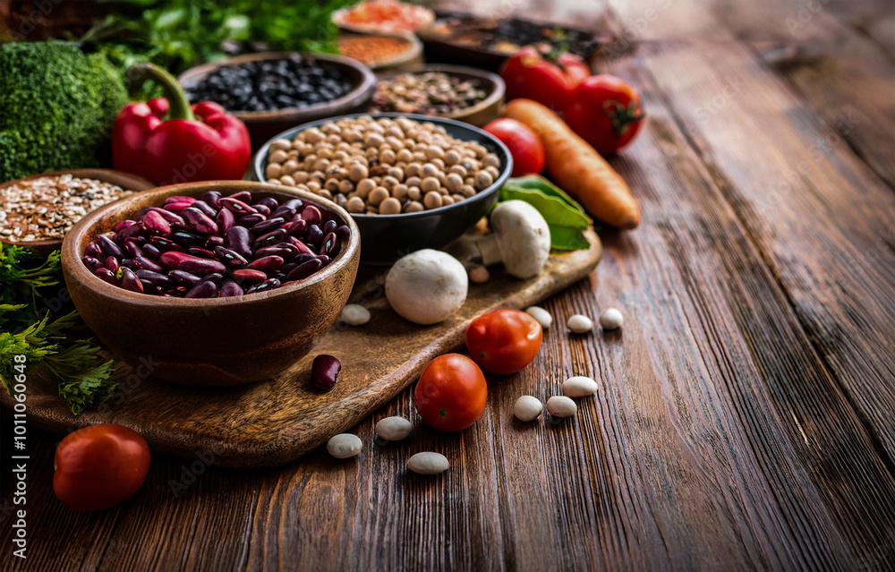 Legumes and vegetables on a plate on a wooden kitchen table. vegan style healthy vegetables. Legumes and vegetables on a plate on a wooden kitchen table. vegan style healthy vegetables.