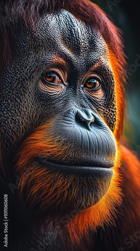 A Close-Up of an Orangutan's Face Showcasing Its Expressive Eyes and Vibrant Orange Fur in Natural Light