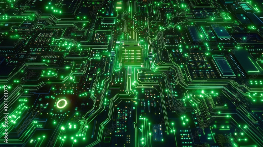 close-up view of emerald circuitry, a green circuit board pulsing with digital life, highlighting the complexity of technology and the power of modern electronics close-up view of emerald circuitry, a green circuit board pulsing with digital life, highlighting the complexity of technology and the power of modern electronics
