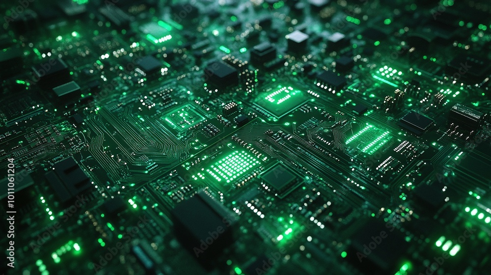 close-up view of emerald circuitry, a green circuit board pulsing with digital life, highlighting the complexity of technology and the power of modern electronics close-up view of emerald circuitry, a green circuit board pulsing with digital life, highlighting the complexity of technology and the power of modern electronics