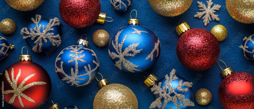 Horizontal banner web poster, header for website. Christmas New Year background with decorative ornament balls. Festive Xmas composition with decoration bauble Horizontal banner web poster, header for website. Christmas New Year background with decorative ornament balls. Festive Xmas composition with decoration bauble