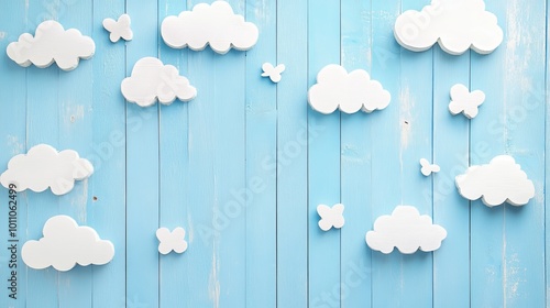 Adorable children or baby-themed background with fluffy white clouds on a bright blue wooden surface, perfect for nursery decor, kid’s room designs, and child-centered celebrations with a soft, playfu photo