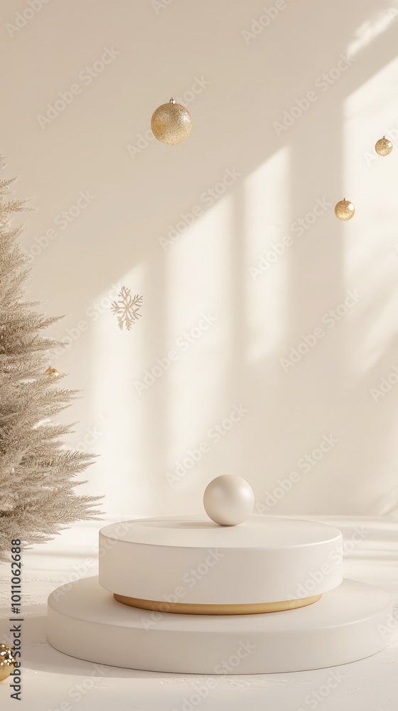 Festive product podium on white and gold background, Christmas tree golden balls, decorations. Generative AI Festive product podium on white and gold background, Christmas tree golden balls, decorations. Generative AI