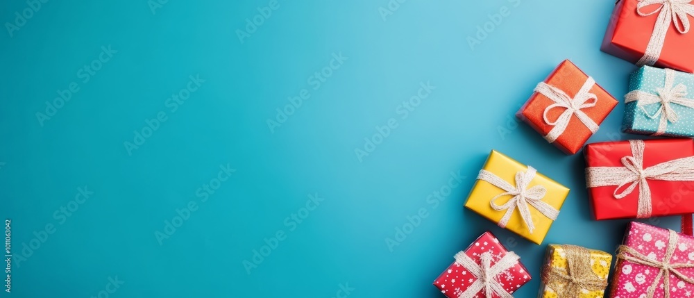 Fototapeta premium Horizontal banner web poster, header for website. Christmas New Year background with gift boxes. Festive Xmas composition with gifts