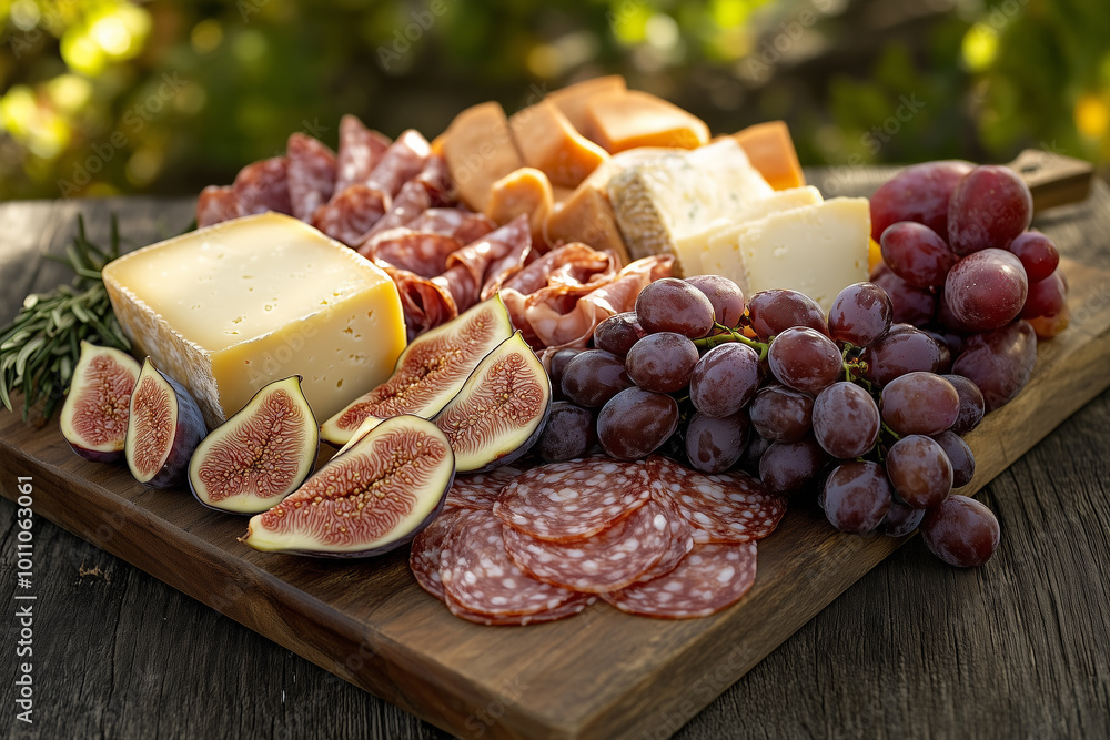 A beautifully arranged gourmet charcuterie board with a variety of artisanal cheeses, cured meats, fresh fruits like grapes and figs, rustic bread displayed on a rustic wooden table in a garden. A beautifully arranged gourmet charcuterie board with a variety of artisanal cheeses, cured meats, fresh fruits like grapes and figs, rustic bread displayed on a rustic wooden table in a garden.