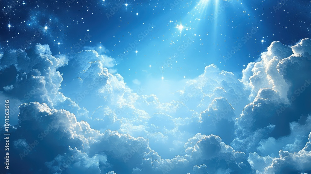the sky, surrounded by clouds and illuminated by twinkling stars, creating an enchanting scene. the sky, surrounded by clouds and illuminated by twinkling stars, creating an enchanting scene.