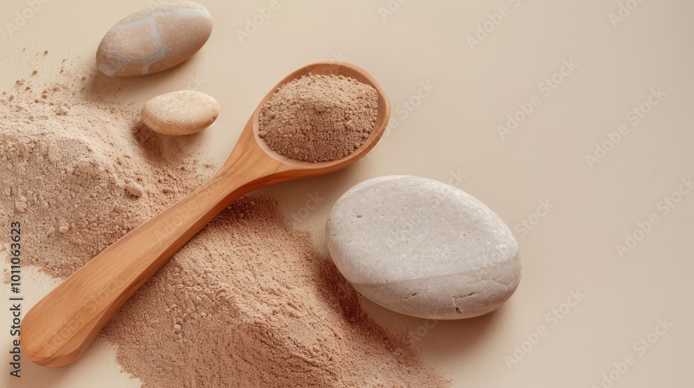 smooth stones and a wooden spoon for scooping the powders smooth stones and a wooden spoon for scooping the powders