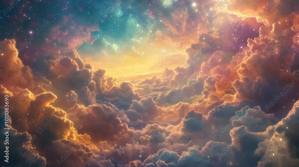 the sky, surrounded by clouds and illuminated by twinkling stars, creating an enchanting scene. the sky, surrounded by clouds and illuminated by twinkling stars, creating an enchanting scene.