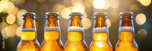 Horizontal banner. Bottles neck with beer on blurred background on sunset. Craft beer. Picnic, party, beer festival. Brewing. International beer day. Oktoberfest, Autumn festive photo