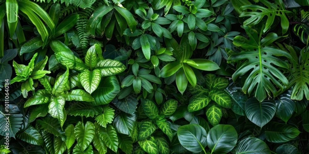A variety of jungle plants growing wild, with overlapping leaves and deep green hues A variety of jungle plants growing wild, with overlapping leaves and deep green hues