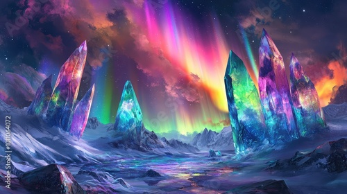 A breathtaking aurora borealis illuminating a snowy landscape, with crystal formations reflecting the vibrant colors of the sky.