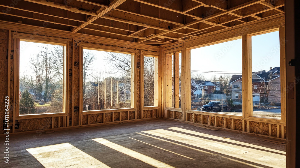 Natural light floods an unfinished house interior highlighting wooden framing and window designs Natural light floods an unfinished house interior highlighting wooden framing and window designs