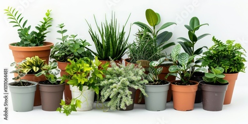 A variety of plants isolated on a plain background, each in its own pot, ready for digital use