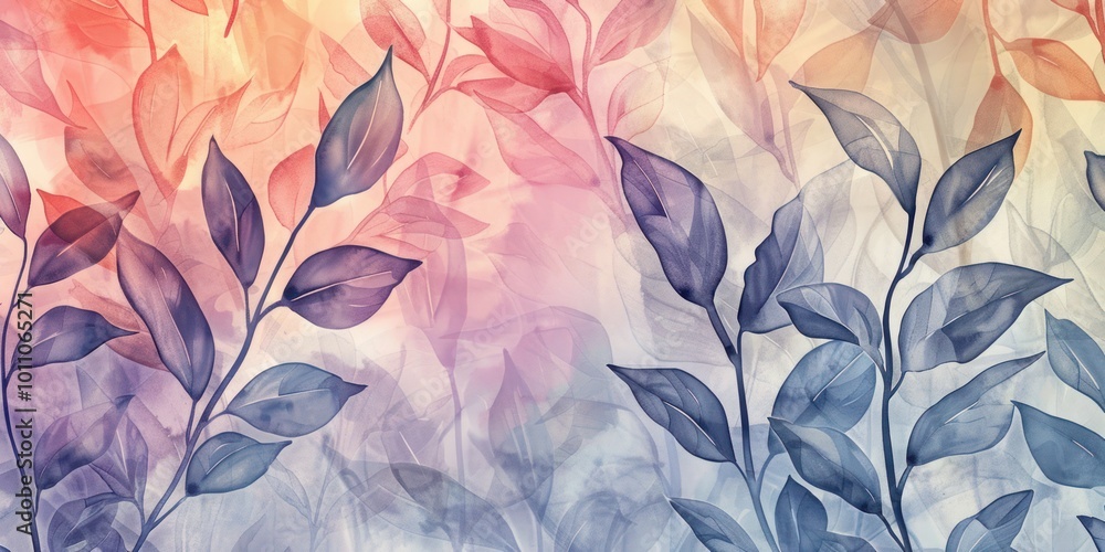 A watercolor background of overlapping plant shapes and leaves, perfect for a nature-themed design A watercolor background of overlapping plant shapes and leaves, perfect for a nature-themed design