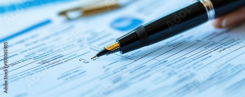 Close-up of a hand holding a pen, filling out an important document with blue lines and a logo in the background.