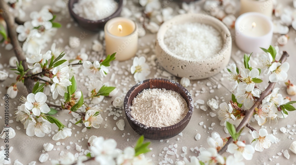The items include bowls of various powders and salts, small white candles, and a few branches with blooming flowers The items include bowls of various powders and salts, small white candles, and a few branches with blooming flowers