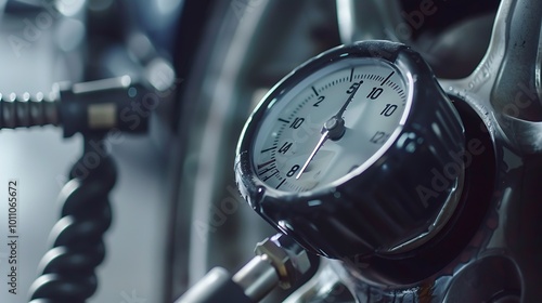 Close up of a car checking air pressure on wheel photo