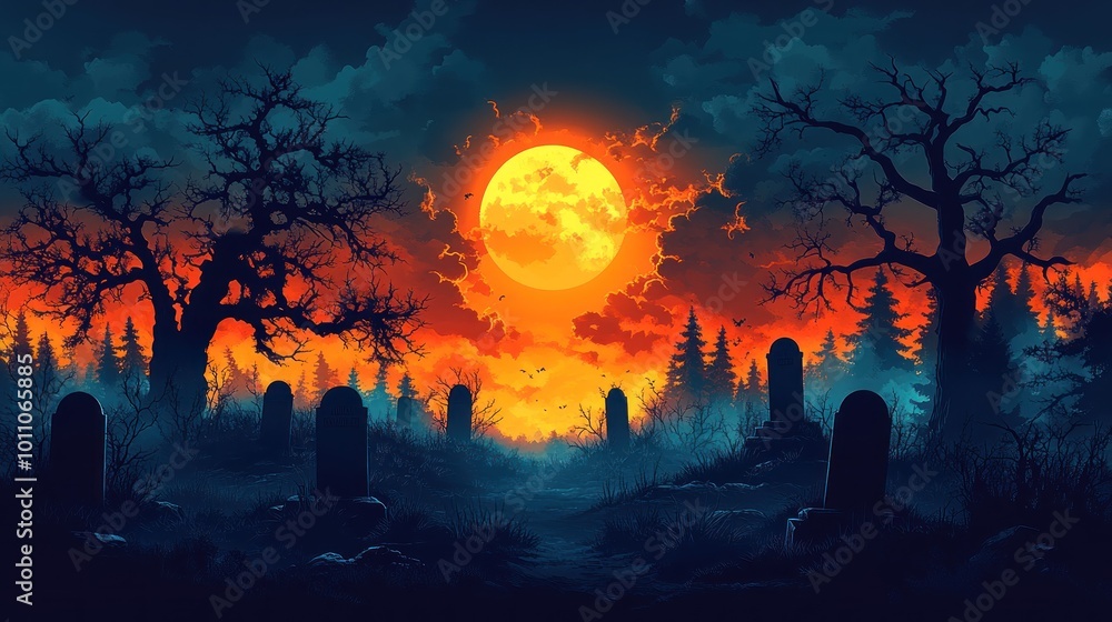 A haunting graveyard scene under a dramatic sunset sky. A haunting graveyard scene under a dramatic sunset sky.