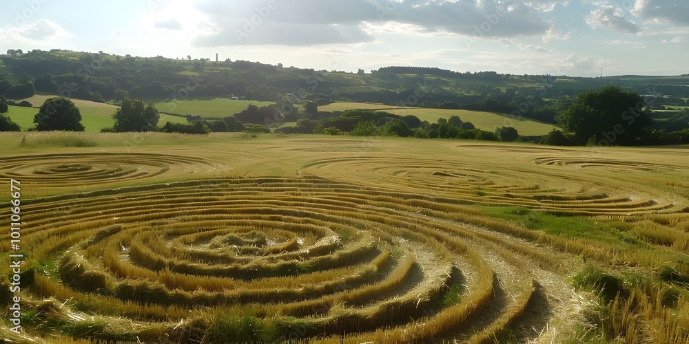 A labyrinth of wheat has a large arrow in the middle
A labyrinth of wheat has a large arrow in the middle