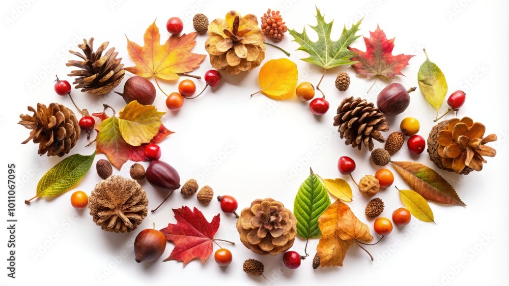 Fototapeta premium Circular arrangement of vibrant oak and maple leaves, complemented by colorful berries, nuts, and cones, set against a