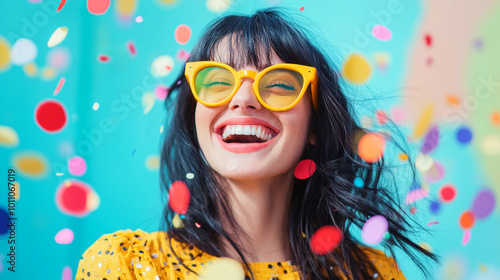 A joyful woman with black hair and yellow glasses celebrates carnival with colorful confetti