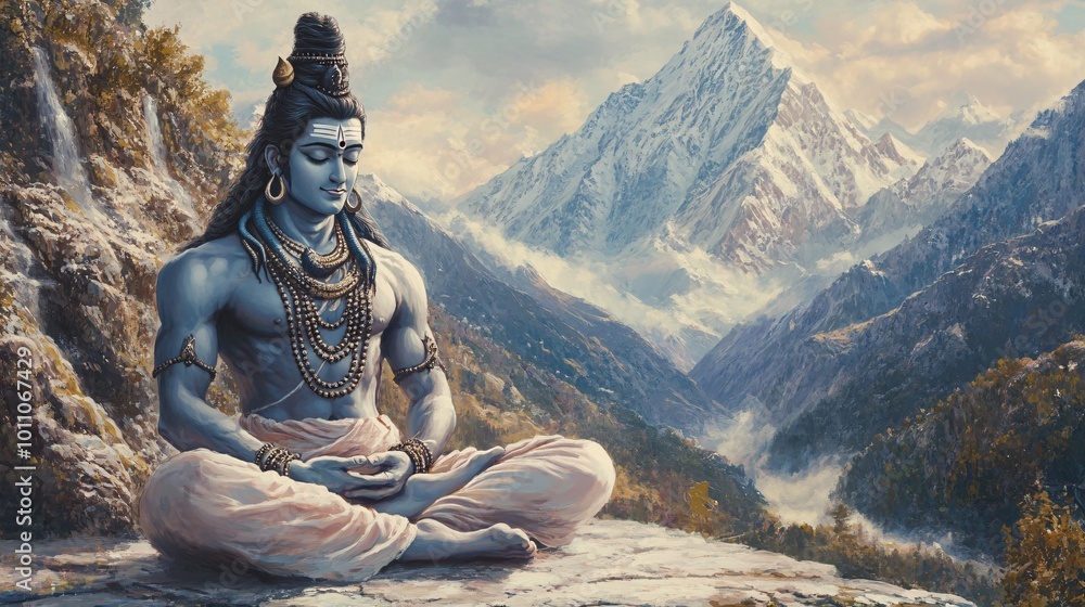 Fototapeta premium A serene depiction of Lord Shiva with a backdrop of the Himalayas