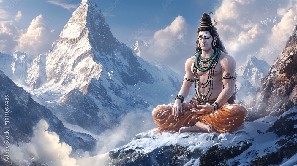 A serene depiction of Lord Shiva with a backdrop of the Himalayas A serene depiction of Lord Shiva with a backdrop of the Himalayas
