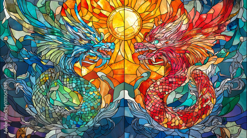 Wallpaper Mural Two dragons face each other in vibrant stained glass window, with one in red and one in blue. sun shines brightly behind them, casting warm glow on scene. dragons appear to be in conflict. Torontodigital.ca