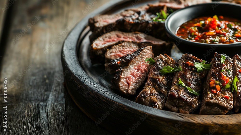 Grilled Beef Slices on Hot Plate with Sauce Grilled Beef Slices on Hot Plate with Sauce