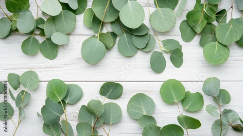 Eucalyptus branches and leaves elegantly arranged on a rustic white wooden background, showcasing a minimalistic design perfect for natural-themed projects, flat lay photography, and creative copy spa