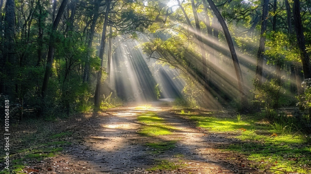 Fototapeta premium Serene Forest Path with Sunlight Rays