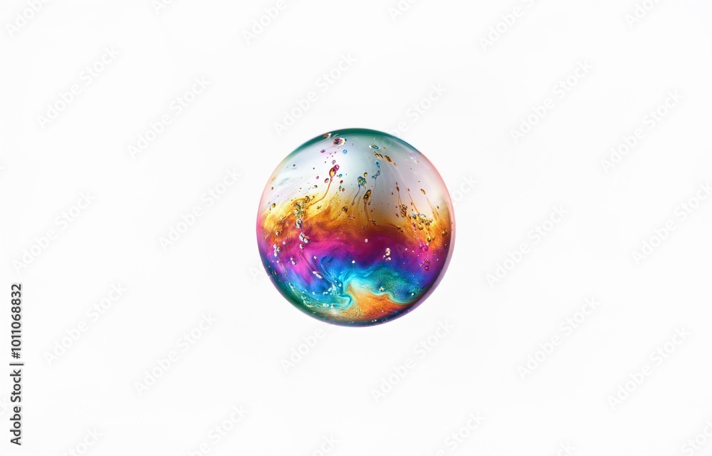 An isolated iridescent soap bubble against a white background. An isolated iridescent soap bubble against a white background.