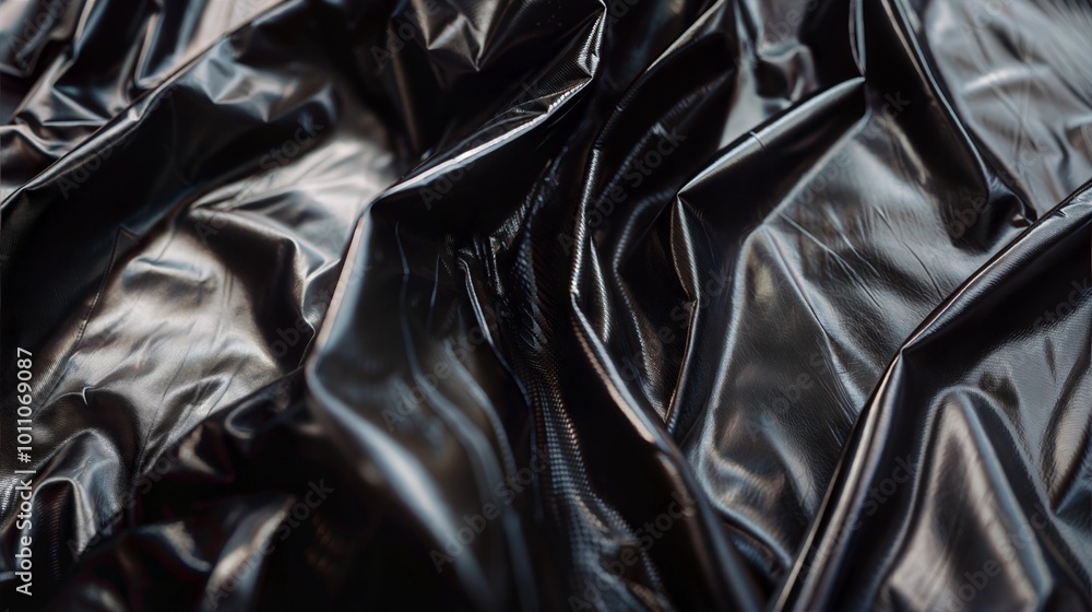 Obraz premium Close-Up of Shiny Black Crumpled Fabric with Glossy Surface and Textured Details