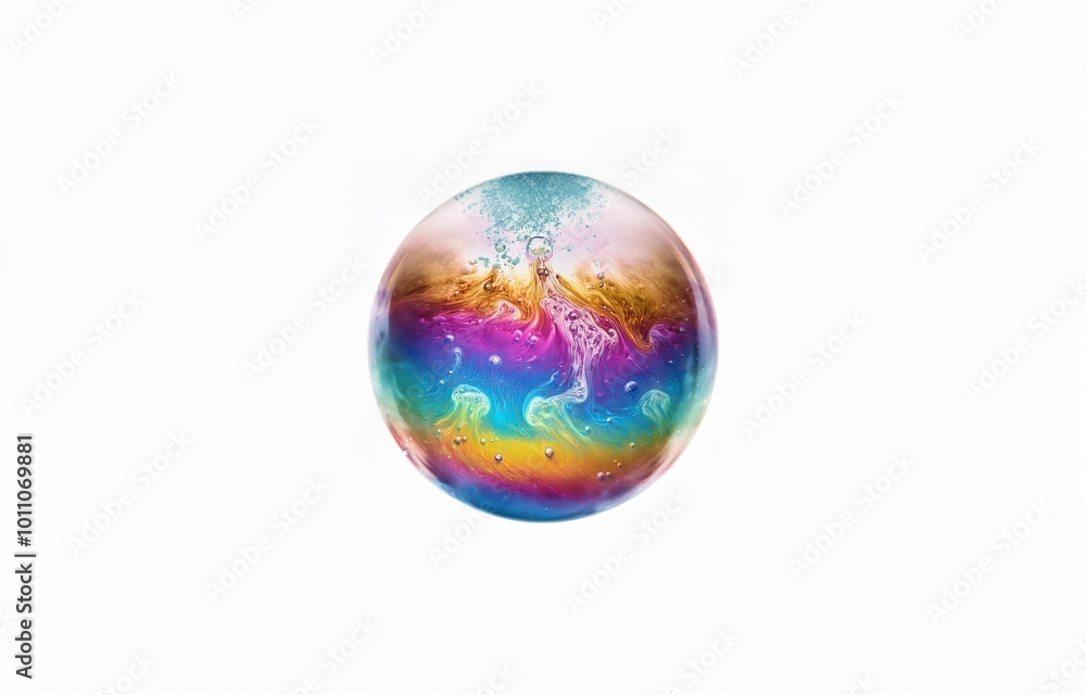 A colorful iridescent soap bubble isolated against a white background. A colorful iridescent soap bubble isolated against a white background.
