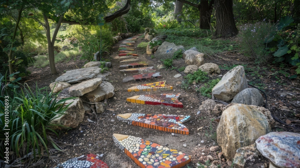 Colorful Mosaic Pathway in Lush Nature Setting Colorful Mosaic Pathway in Lush Nature Setting