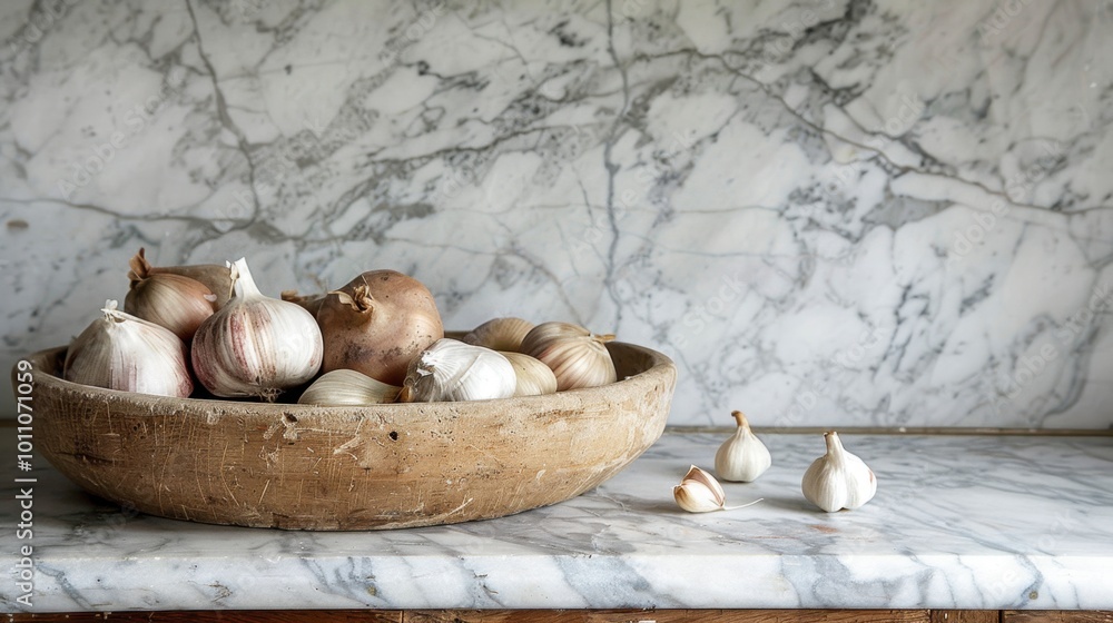 Fresh Onions and Garlic in Wooden Bowl on Marble Countertop Fresh Onions and Garlic in Wooden Bowl on Marble Countertop